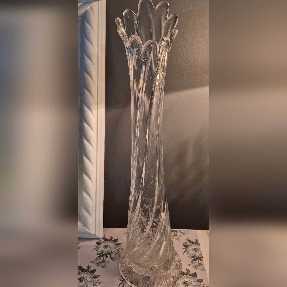 Vintage 10 Finger Swung Vase Clear Ribbed Glass MCM